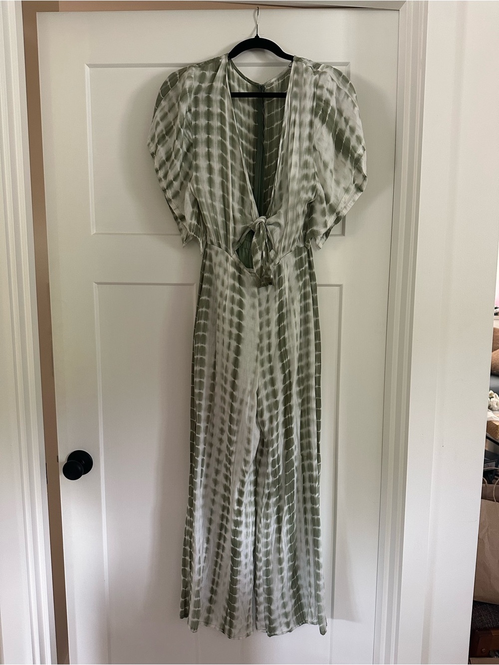 Z Supply Sage and White Tie-Front Jumpsuit